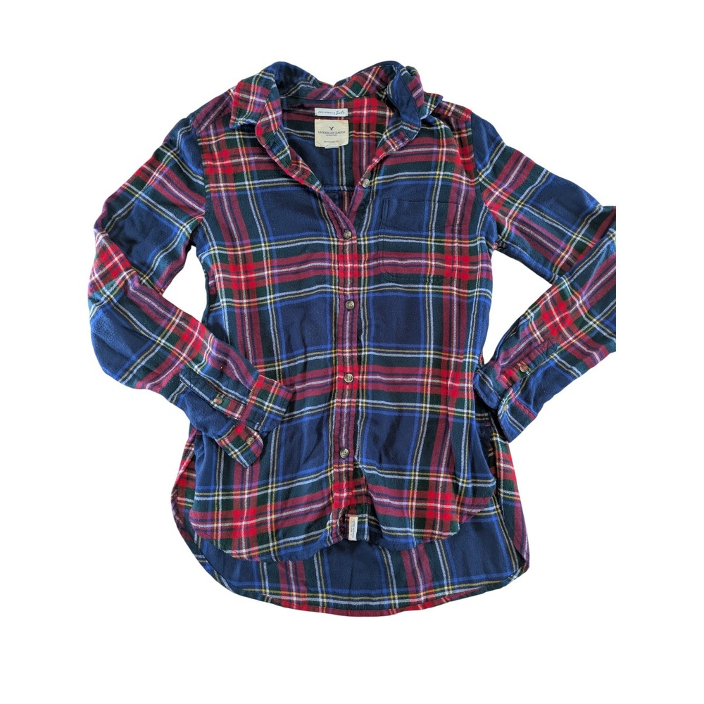 American Eagle Boyfriend Fit Plaid Flannel Shirt Navy Red Green XS Ahh-Mazingly